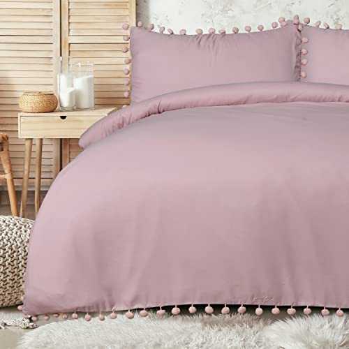 Sleepdown Pom Pom Blush Luxury Easy Care Plain Duvet Cover Quilt Bedding Set with Pillowcases - Double (200cm x 200cm)