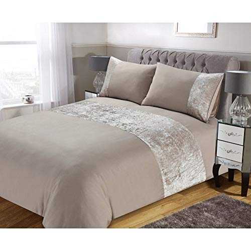 Crushed Velvet Panel Duvet Cover And Housewife Pillow Bedding Set | Luxury Single, Double, King Size Quilt Sheet Bed Sets (Champagne, King)