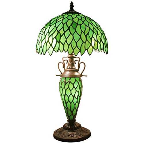 Tiffany Style Antique Table Lamp 3 Light Green Wisteria Stained Glass Lampshade Night Light Base W12H22 Inch Beside Bedroom Desk Lamps for Living Room Office Lighting S523 WERFACTORY