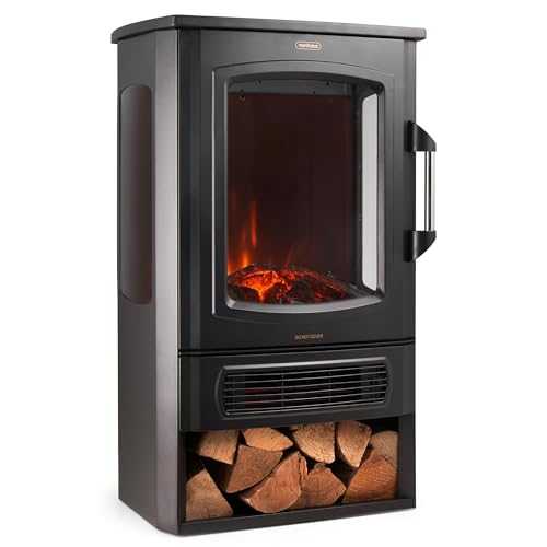 VonHaus Panoramic Stove Heater with Log Storage – 3-Sided Electric Fireplace with LED Flame Effect – 2000W – Freestanding and Portable w/Overheat Protection – 2 Heat Settings