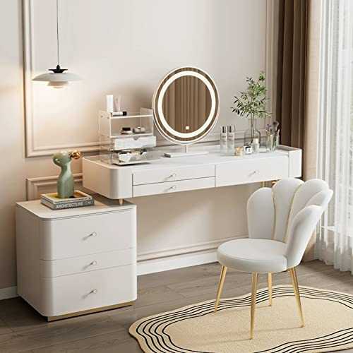 White Dressing Table Set with Lighted Mirror, Vanity Table with Cushioned Stool and 6 Drawers, Modern Dressing Table Set, Bedroom Furniture Makeup Vanity Table Stool Set ( Color : Table+Armchair , Siz