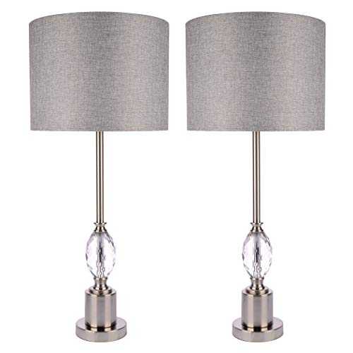 Modern Crystal Table Lamps Set of 2, 30 Inches Big Buffet Lamp with Grey Linen Fabric Shade for for Dining Room Living Room Family Bedroom, Nickel Brushed Finish