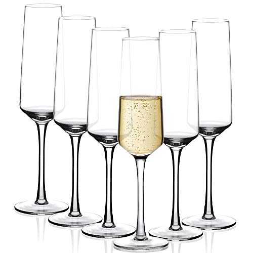 Amisglass Champagne Flutes Set of 6, Lead-free Clear Crystal Glass, Crystal Clear Clarity, Classic and Seamless Tower Design, Quality Sparkling Wine Stemware Set - 280ML
