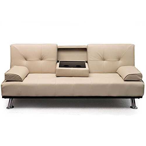 AHOC New Modern Cinema White Ivory Cream Faux Leather 3 Seater Sofa Bed 12 Months Guarantee With Fold Down Drinks Table Now With 12 Months Garauntee (Cream)