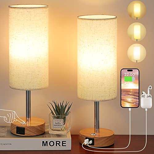 Set of 2 Touch Table Lamps with USB-C USB-A Charging Ports, Aooshine 3 Way Dimmable Bedside Lamp for Bedrooms, Small Touch Lamps with Round Flaxen Fabric Shade for Living Room (Bulb Included)