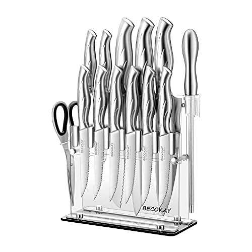 Kitchen Knife Set 14 Pieces, Professional Knife Block with Acrylic Stand, Stainless Steel Knives Set Including Serrated Steak Knife, Chef's Knife and Santoku Knife, Kitchen Scissors, Knife Sharpener