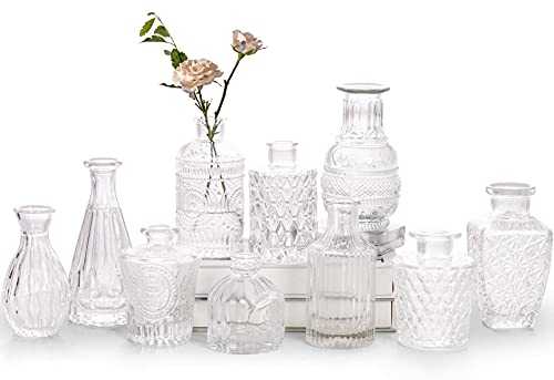 Bonne Ambiance Glass Bud Vase Set of 10-Small Vases for Flowers, Clear in Bulk, Cute Small CenterPcs, Mini Vintage Rustic Wedding Decor, Home Table Flower M (BA0751)