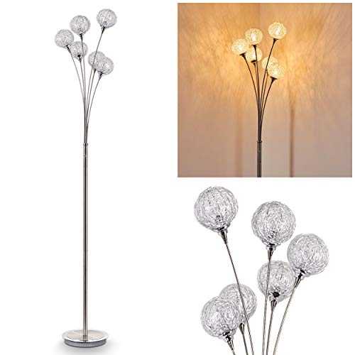 Floor lamp Kitee, Modern Light in Chromed and Nickel-mat Metall with Meshed Shades for 6 x G9, max. 28 Watt, with Switch on The Cable, Suitable for LED Bulbs