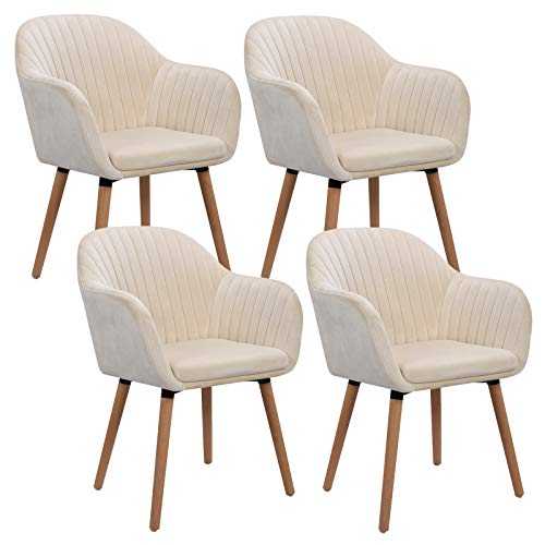 WOLTU Cream White Kitchen Dining Chairs Set of 4 PCS Upholstered Counter Lounge Living Room Corner Chairs with Arms & Backrest Solid Wood Legs Reception Chairs Velvet Tub Chairs Armchairs
