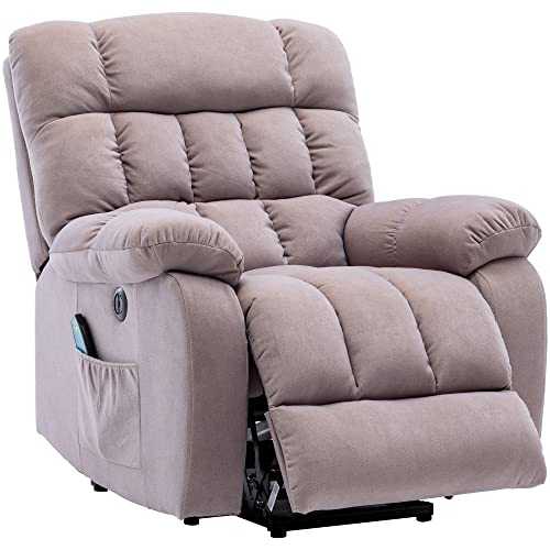 Electric Power Lift Recliner Chair Sofa with Massage and Heat for Elderly 2 Side Pockets USB Ports Single Recliner Chairs for Living Room Overstuffed Breathable Fabric Reclining (Beige)