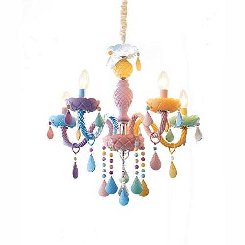 NSXBY E14 American Pastoral K9 Crystal Chandelier Hang Lighting Ceiling Light Children's Room 6 Arms Creative Button Colourful Chandeliers-Macarone 5 head 59 * 55cm