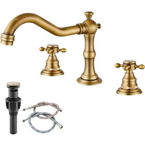 Widespread Bathroom Faucet Double Handle Mixer Tap for Bathtub Brushed Gold Antique Brass Three Hole Deck Mount Hot Cold Water Matching Pop Up Drain with Overflow