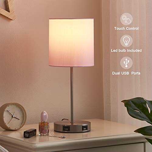 Touch Bedside Table Lamp, Kakanuo Nightstand Lamp with Pink Lampshade, Moderne Beside Lamp with 2 USB Charging Ports, Table Lamp for Bedroom, Livingroom（Bulb Included）