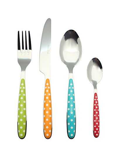 EXZACT Cutlery Set 24pcs Polka Dot Mixed Colours, Stainless Steel with Color Handles - 6 Forks, 6 Dinner Knives, 6 Dinner Spoons, 6 Teaspoons EX07 (Mixed Colour x 24)
