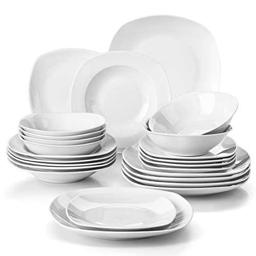 MALACASA, Series Elisa, 24-Piece Dinner Sets White Porcelain Dinner Set with 6-Piece 6.7" Cereal Bowl, 6-Piece 9.75" Dinner Plate, 6-Piece 7.5" Dessert Plate and 6-Piece 8.5" Soup Plate Service for 6