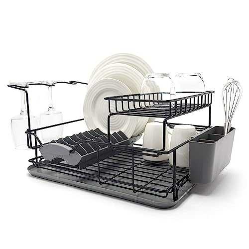 simplywire - Premium Two Tier Dish Drainer - Removable Over Sink Plate Rack - Wine Glass Holder