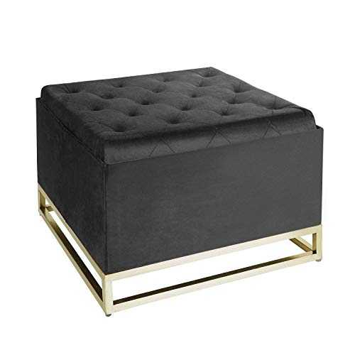 Inspire Me! Home Décor Caroline Ottoman with Inset Faux Marble Coffee Table Lid, Classy Jet Black Soft Velvet, 61 x 61 x 43 cm, Glamorous Tufted Design, Comfortable Seating, Hidden Storage