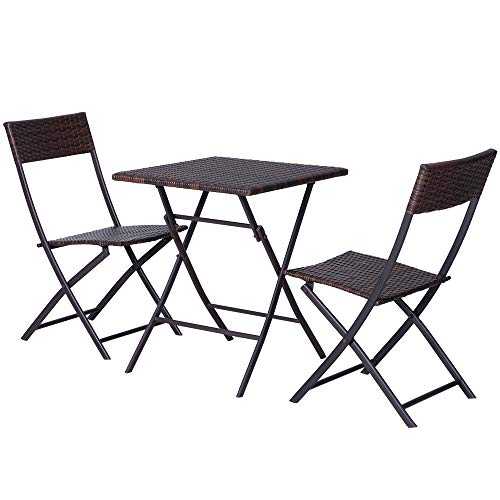 Outsunny 3 PCS PE Rattan Wicker Furniture Patio Rattan Bistro Set Folding for 2 Outdoor Square Table and Chair Set (Brown)