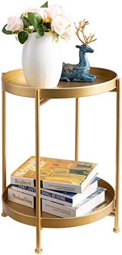 HollyHOME Round Side Table Gold End Table, 2-Tier Metal Tray Snack Table Coffee Table Tea Table Nightstand Sofa Table for Living Room Bedroom Balcony Patio