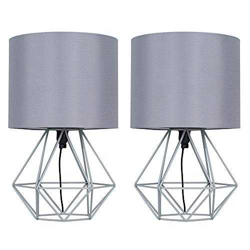 MiniSun Pair of Modern Grey Metal Basket Cage Style Table Lamps with a Grey Fabric Shade - Complete with a 4w LED Golfball Bulb [3000K Warm White]