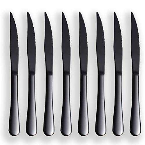 Black Steak Knife Set, Kyrtaon Black Serrated Knife, Titanium Black Plating Stainless Steel Sharp Knives Set, Dinner Knifes Set of 8, Dishwasher Safe Sturdy and Easy to Clean