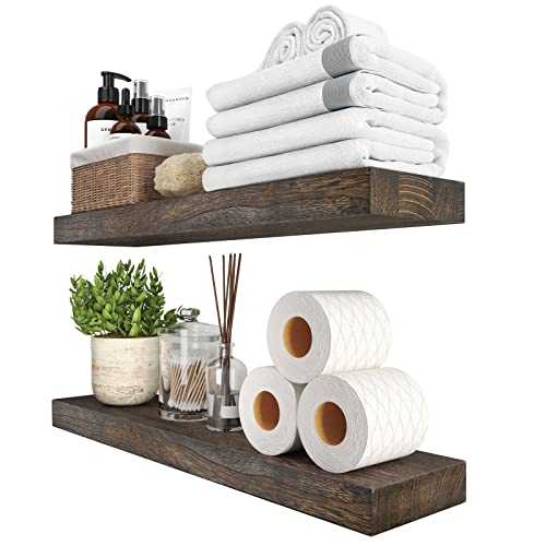 SAUCE ZHAN Floating Shelves 24 inch Rustic Natural Wood Wall Shelf Set of 2 Open Shelving Farmhouse Live Edge Light Wooden Wall Mounted Decor for Bathroom, Living Room, Bedroom, Kitchen, Dark Brown