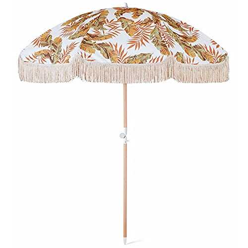 LANHA 6.5ft / 2m Garden Parasol Umbrella with Fringe, Solid Wood Manual Push Button Tilt and Crank Outdoor Sun Shade for Beach Pool Patio Umbrellas (Customize)
