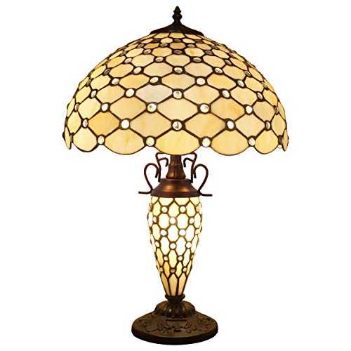 Tiffany Style Table Lamp W16H24 Inch Tall Stained Glass Crystal Pear Bead Lampshade Antique Night Light Base S005 WERFACTORY Lamps Lover Living Room Bedroom Office Study Reading Desk Nightstand Gifts