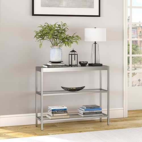 Henn&Hart Modern Console Table with Glass Top, Satin Nickel, 36"