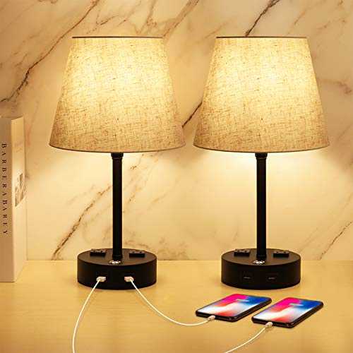 Table Lamps for Bedrooms Set of 2, Dimmable Nightstand Lamp, 3 Way Touch Control Bedside Lamp with USB Port and Outlet, USB Lamp Fabric Shade for Living Room Office E26 ST64 LED Bulb Included 2 Pack