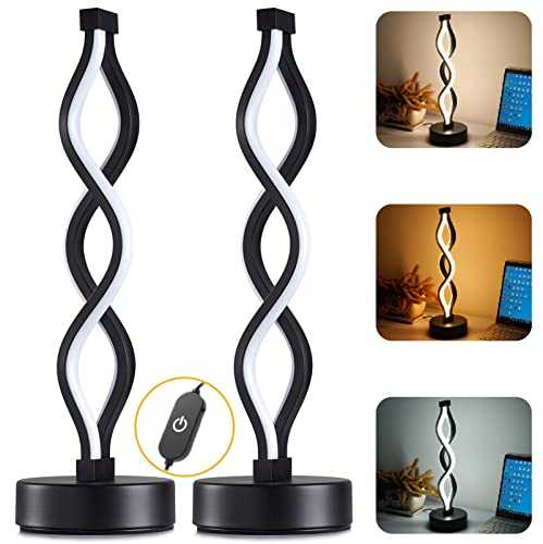 Set of 2 Spiral LED Table Lamps for Bedroom, Dimmable Bedside Table Lamp with 3 Color Temperatures, 12W Twisted Black Bedside Night Light, Modern Creative Desk Lamp for Reading, Living Room