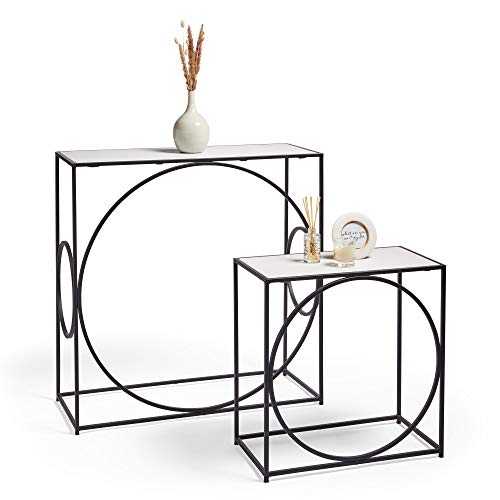 BTFY Console Table Set of 2 - White & Black Marble Nesting Tables, Multifunctional Side Tables with Iron Legs For Living Room, Hallway