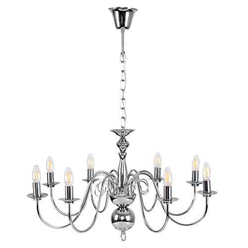 MiniSun Large Retro 8 Way Ceiling Light Chandelier Fitting in a Polished Chrome Finish - Complete with 4w LED Candle Bulbs [3000K Warm White]