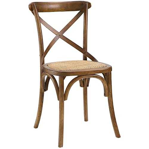 Modway Gear Modern Farmhouse Cross Back Solid Elm Wood Dining Side Chair With Rattan Seat In Walnut