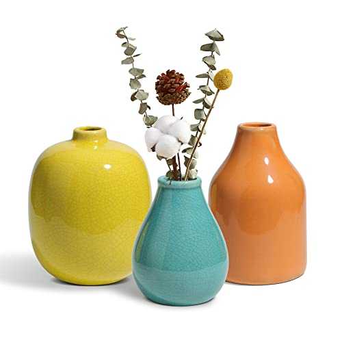 OppsArt Ceramic Vases for Decor Set of 3, Colorful Decorative Vases for Farmhouse Fireplace, Modern Small Centerpieces Floral Decoration for Home Office Living Room Shelf Table, Rustic Style