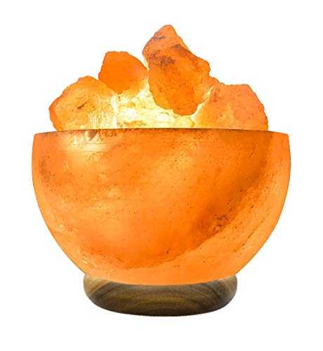 10” Salt Fire Bowl Natural Wooden Base Handmade Table lamp Bowl with Himalayan Rock Crystal Chunks Button Cable Control and British Standard Style Electric Plug