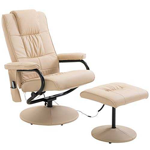 HOMCOM Faux Leather Massage Recliner Chair Easy Sofa Armchair Beauty Couch Bed with Foot Stool - Beige