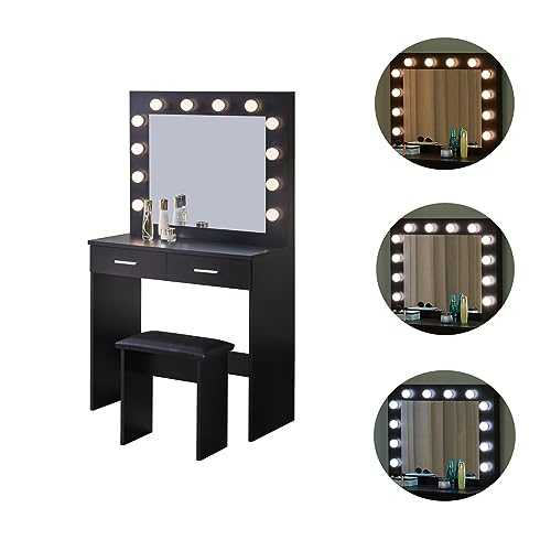 OFCASA Dressing Table with Hollywood Lights Mirror and Stool 2 Drawers Black Wood Makeup Vanity Desk for Girls Bedroom 80 x 40 x 140cm