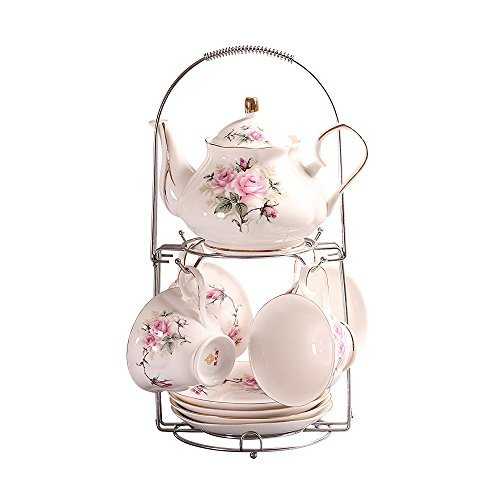 ufengke 9 Piece European Classical Ceramic Tea Set,Pink Vintage Camellia Printing Coffee Tea Set,For Gift And Household,Office,Wedding