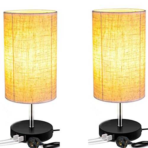 3 Colors USB Bedside Lamp Modern Desk Lamp Touch Control Table Lamp Dimmable Table Lights with 2 USB Charging Ports Bedroom,Living Room,Office,Study Room (Linen, 2PC)