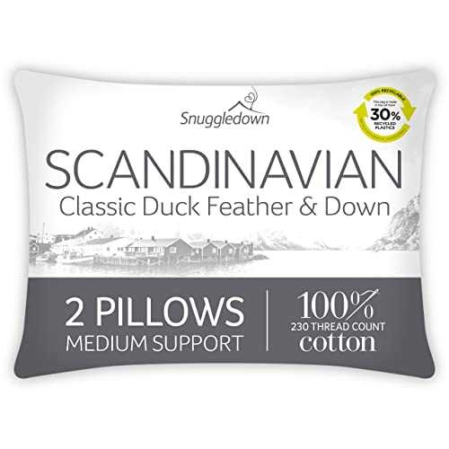 Snuggledown Duck Feather & Down White Pillows 2 Pack Medium Support Designed for Back and Side Sleepers Bed Pillows
