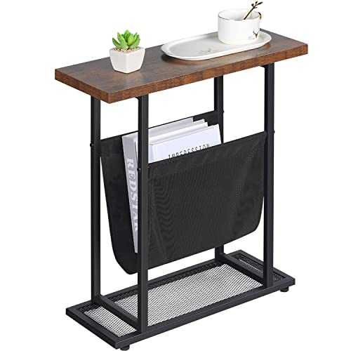 Neekor Vintage Narrow End Table with Fabric Magazine Holder Sling,21.7 Inch Nightstand Modern Industrial Side Table Sofa End Table for Small Spaces Wood & Metal H Shape with Book Storage Holder