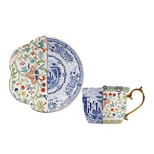 MQH Ceramic Tea Cup Retro Blue and White Coffee Cup and Saucer Set Teacup and Saucer for Afternoon Tea Latte Coffee (Color : A)