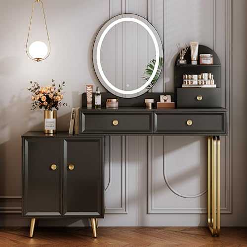 Modern,Black Vanity Table，Retractable Makeup，With LDE Mirror and 2 spacious drawers，Vanity desk with Cabinet，dressing table with 3-Sections Silent Drawer Slides，Bedroom Essential， for Girls and Women