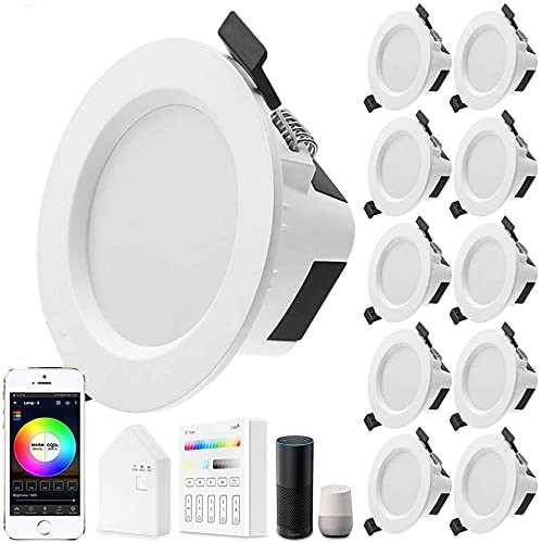 GEYUEYA Home Led Downlights Spotlights Ceiling Dimmable,WiFi Bluetooth Mesh LED Recessed Ceiling Lights 5W RGBCW RGB White CCT 2700K-6500K Color Change Aluminum Spotlights for Home Bar KTV-10 Pack