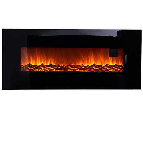 Wall Mounted Electric Fireplace, 50 inch Electric Fire Stove Heater Suites with Fire Flame Effect, Black Flat Glass, Adjustable Thermostat Remote Control, 220/240Vac50Hz, 1280x140x551mm