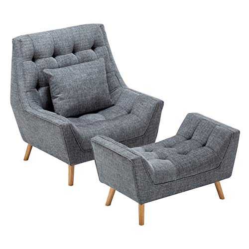 INMOZATA Recliner Armchair and Footstool Accent Tub Chair Grey Linen Fabric Wingback Occasional Sofa Lounge Chair with Solid Wood for Living Room Bedroom (Grey)