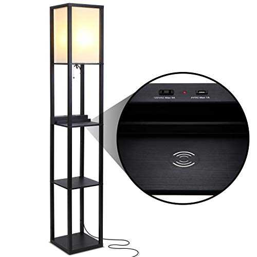 Brightech Maxwell Shelf Floor Lamp w. Wireless Charging Station, USB Port & Outlet - Column Lighting for Bedrooms, Offices & Living Rooms - Contemporary Skinny Nightstand & Tower Light - Black