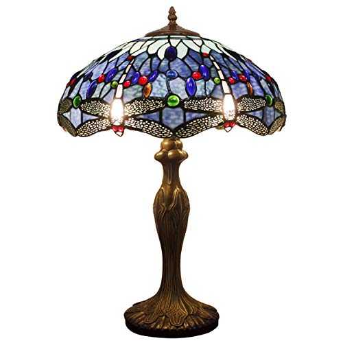 Tiffany Style Table Desk Beside Lamp 24 Inch Tall Blue Stained Glass Shade Crystal Bead 2 Light Antique Zinc Base For Living Room Bedroom Dresser Bookcase S004 WERFACTORY