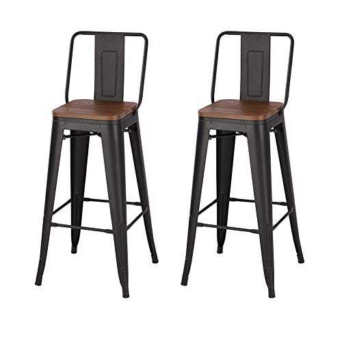Warmiehomy Set of 2 Bar Stools Tall Industrial Vintage Bar Chairs Metal Frame and Solid Wood Seat with Backrest for Kitchen Dining Room Pub Cafe Bistro